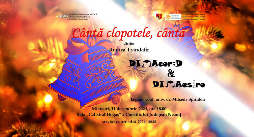 Miercuri, 11 decembrie, Sala „Calistrat Hogaș” a Consiliului Județean Neamț a fost locul în care muzica a prins viață. Grupurile DIMAcor:D și DIMAestro au oferit un concert de suflet, în cadrul Stagiunii artistice 2024-2025. Sub bagheta dirijoarei Rodica Trandafir și acompaniați la pian de Mihaela Spiridon, tinerii muzicieni au adus pe scenă o poveste sonoră plină de emoție și sensibilitate, cucerind publicul prezent.
